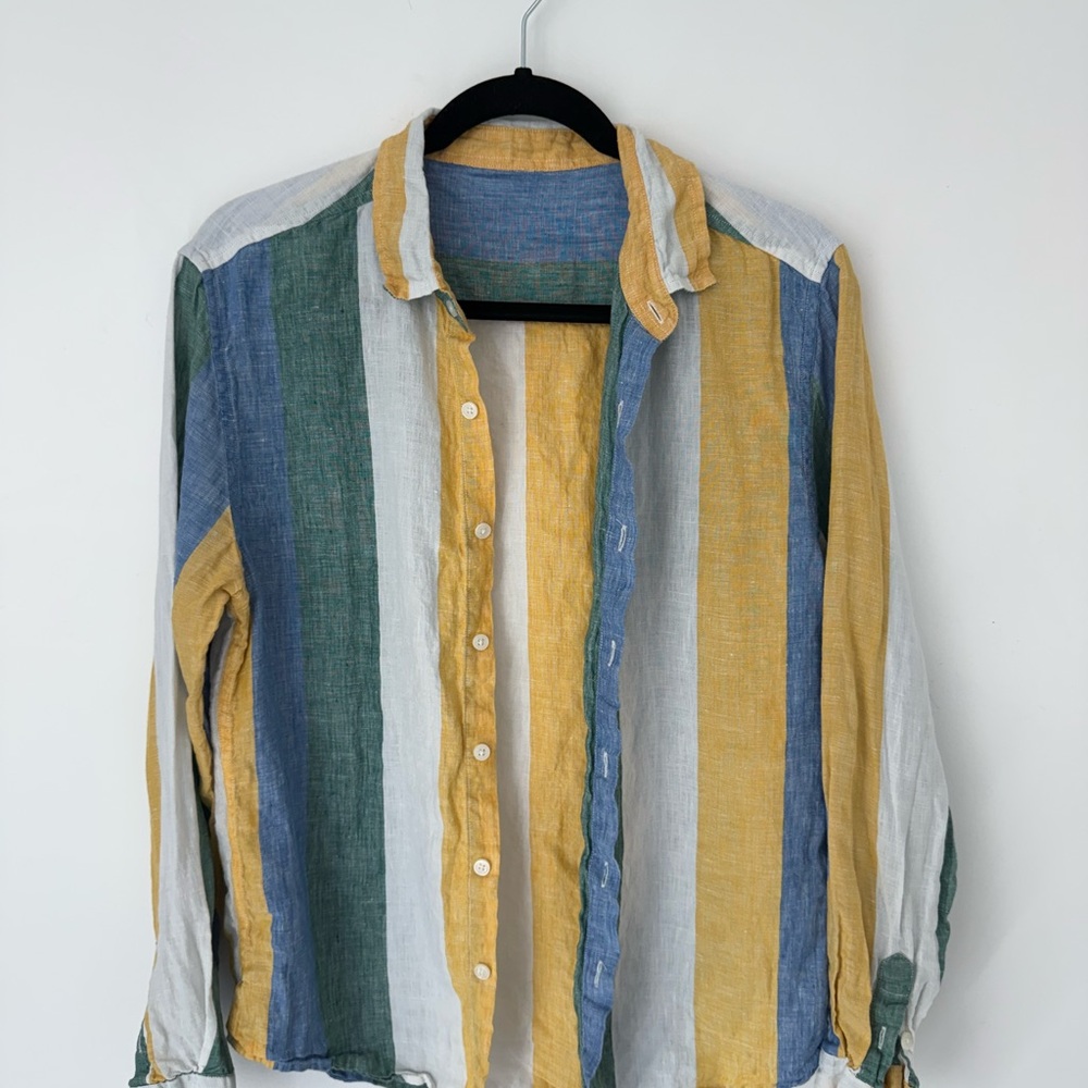 Linen Blend Striped Shirt Sz S White Blue Green Vertical Stripes Lightweight